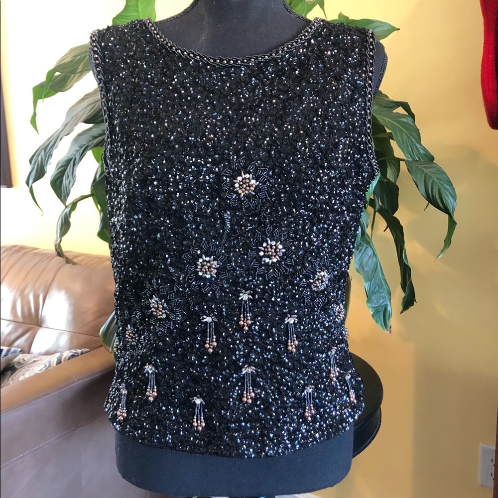 Exquisite vintage black top with full beading & sequins / Size 40